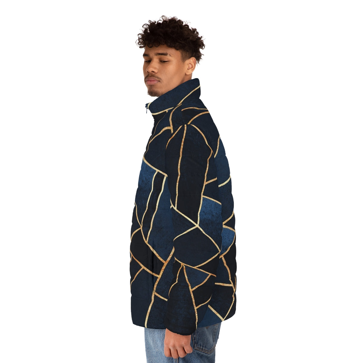 Navy puffer jacket with geometric mosaic design in stone and gold tones - men side left