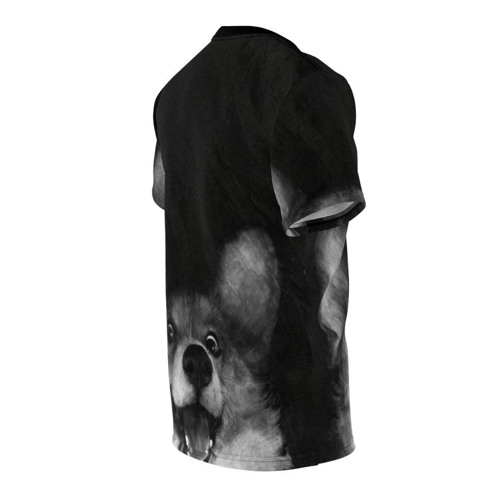 Cute illustration of a sausage-shaped corgi puppy on a t-shirt - men right