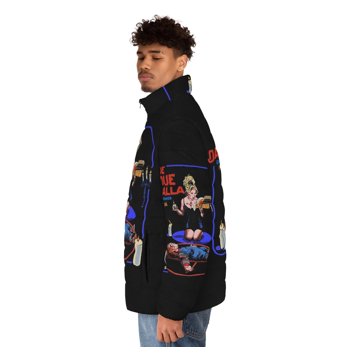 Ade Due Damballa Puffer Jacket featuring Chucky and Tiffany from the Bride of Chucky movie - men side left