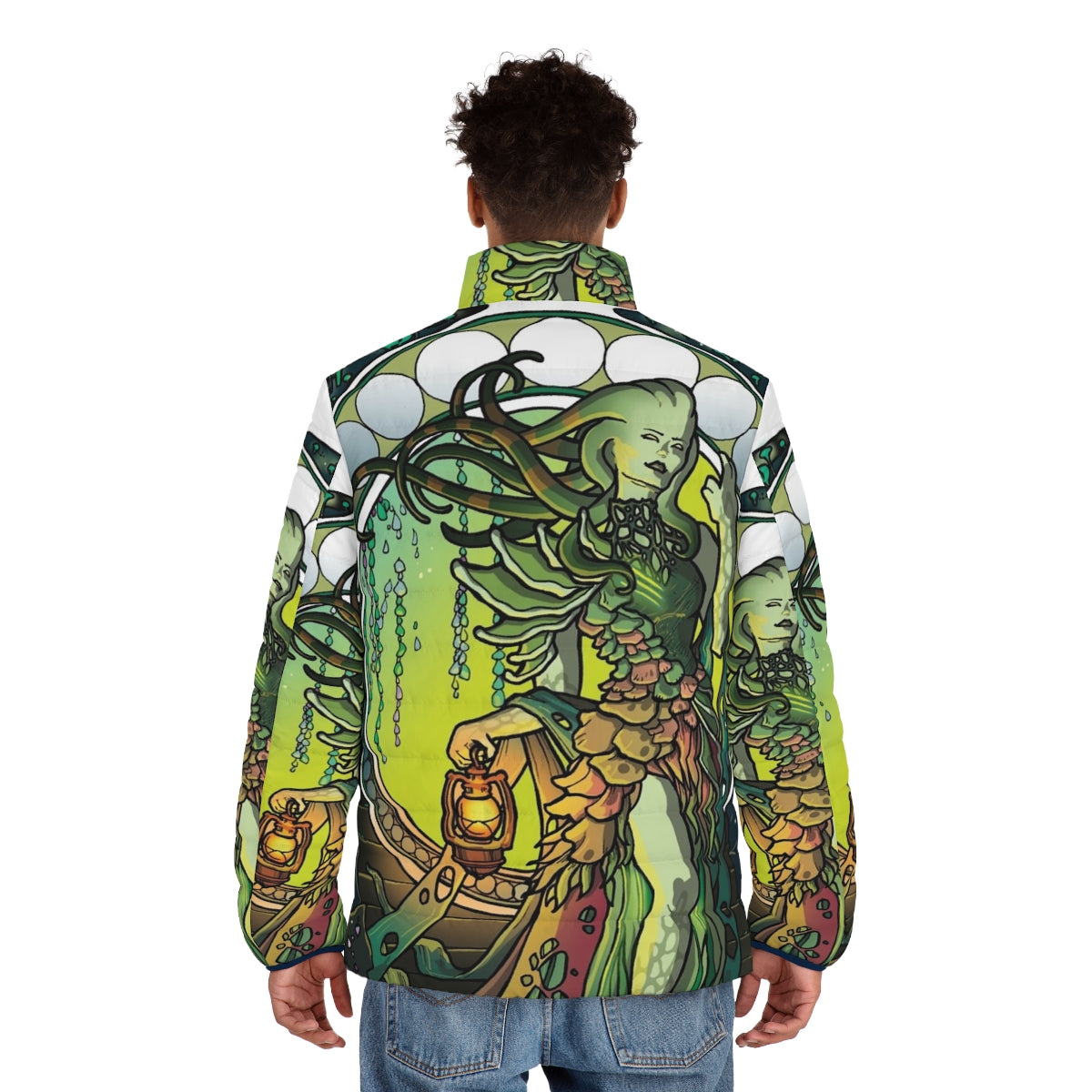 Vraska The Golgari Queen puffer jacket featuring magic the gathering medusa artwork - men back