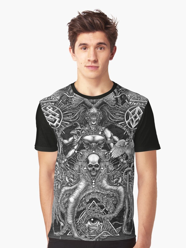 A striking black and white graphic tee featuring a surreal octopus skull design with occult and fantasy elements. - Men