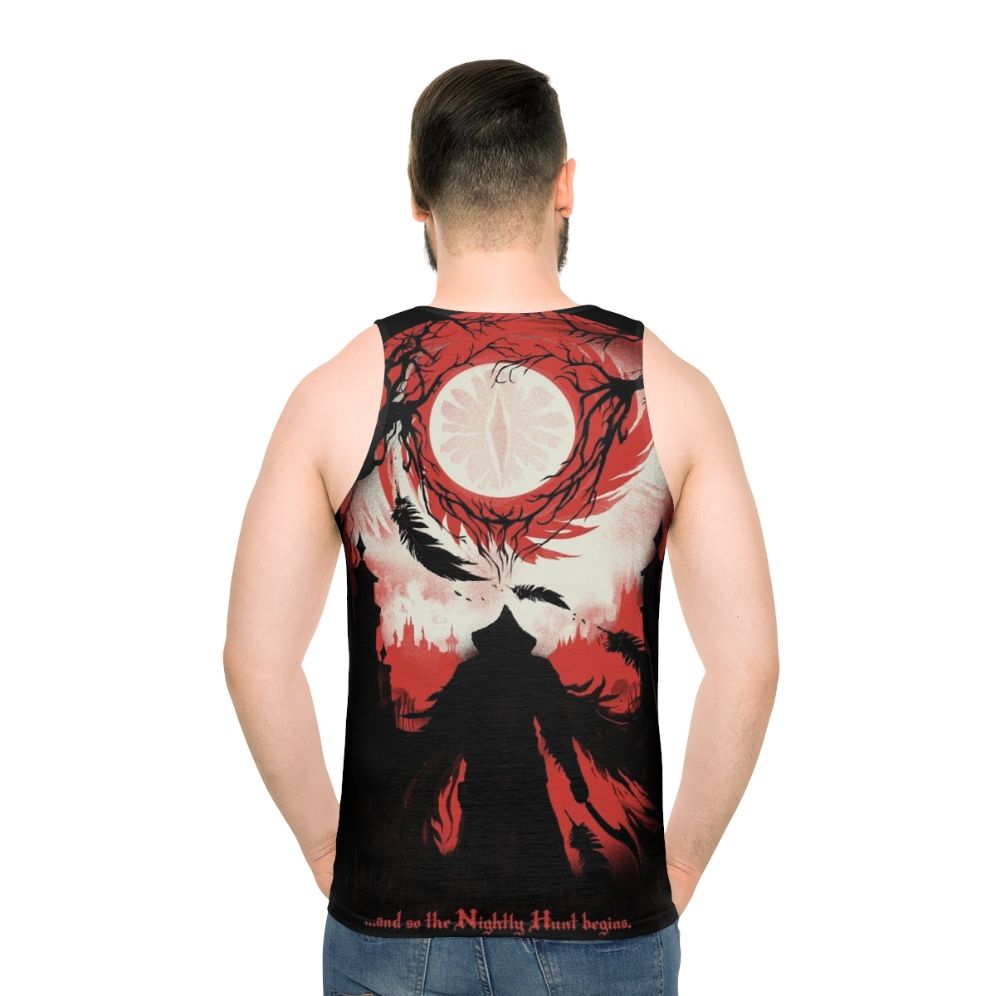 Dark Souls and Bloodborne inspired unisex tank top with the text "And So The Nightly Hunt Begins" - men back