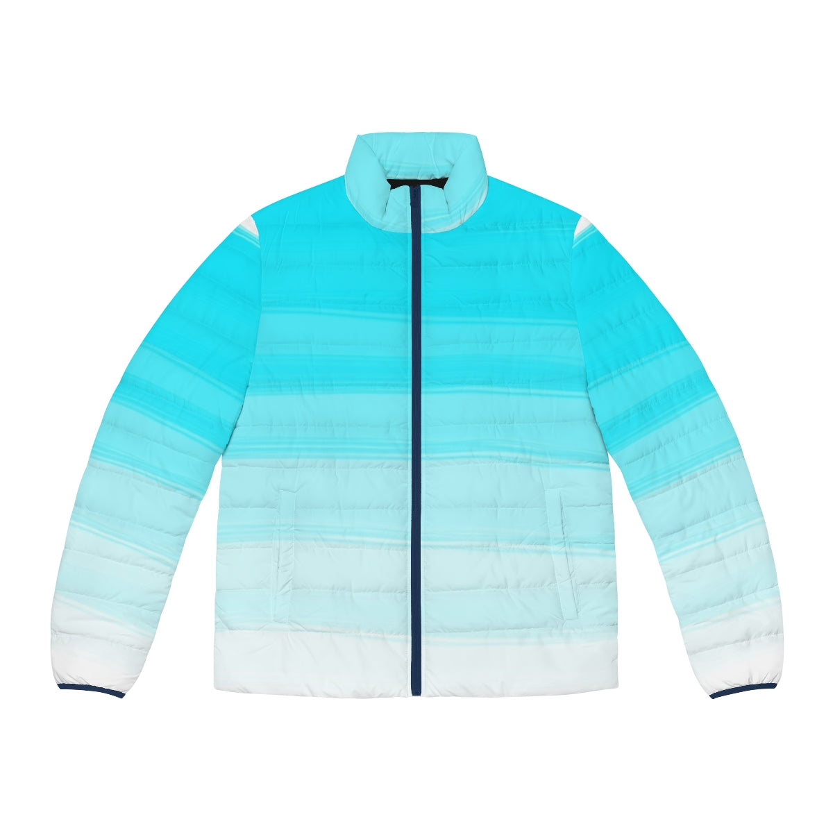 Blue puffer jacket with artistic paint strokes design