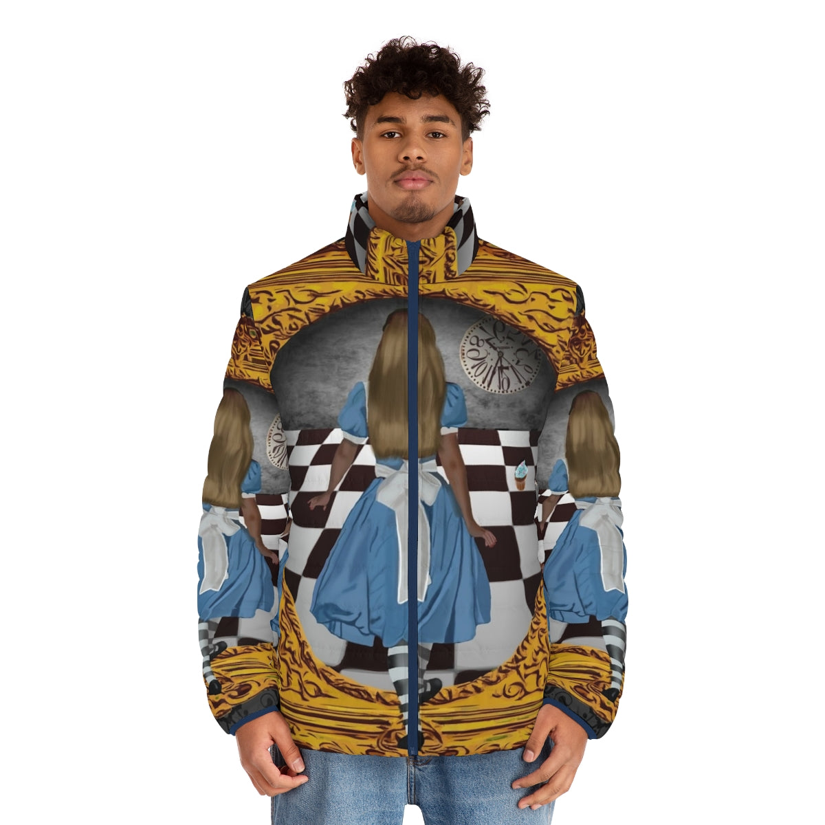 Model wearing a blue and gold puffer jacket with an alice in wonderland inspired design - men front