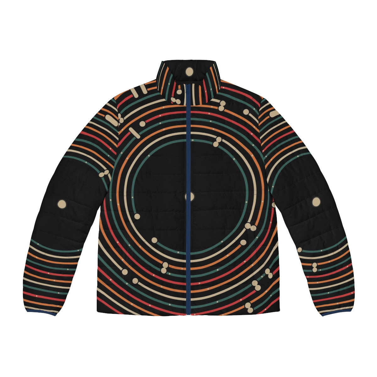 Retro vinyl record puffer jacket with a minimalist modernist pattern