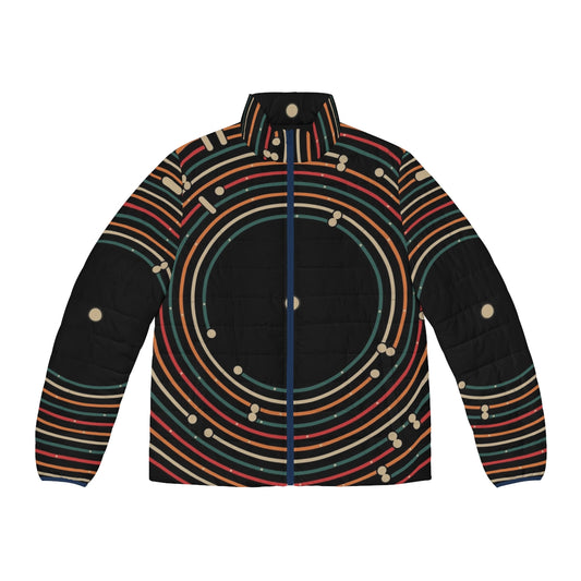 Retro vinyl record puffer jacket with a minimalist modernist pattern