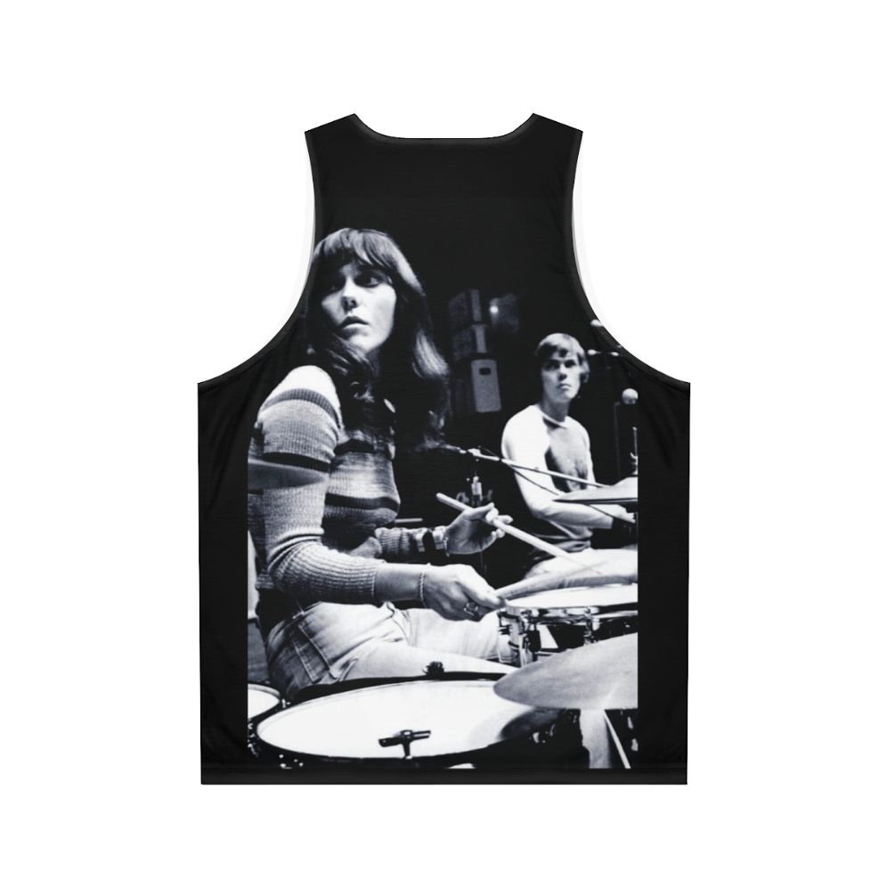 Unisex vintage 70s tank top featuring Karen Carpenter, legendary Carpenters drummer - Back