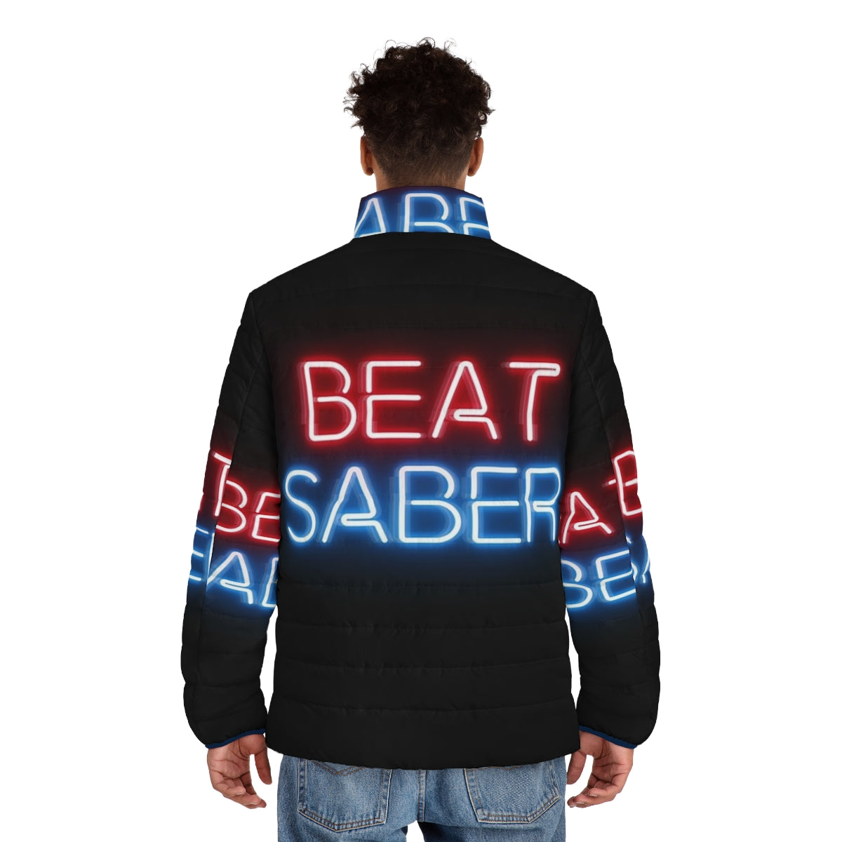 Beat Saber Puffer Jacket with neon colors and cyberpunk design - men back