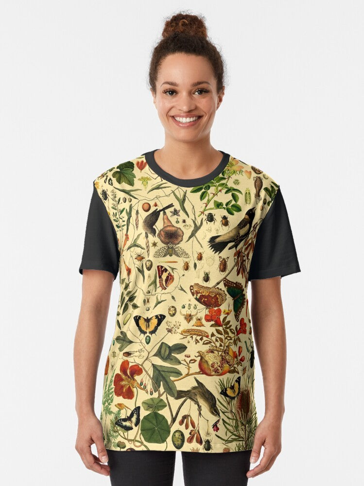 Biology 101 Warm Nature Graphic T-Shirt with a repeating pattern of plants, insects, and animals - Women