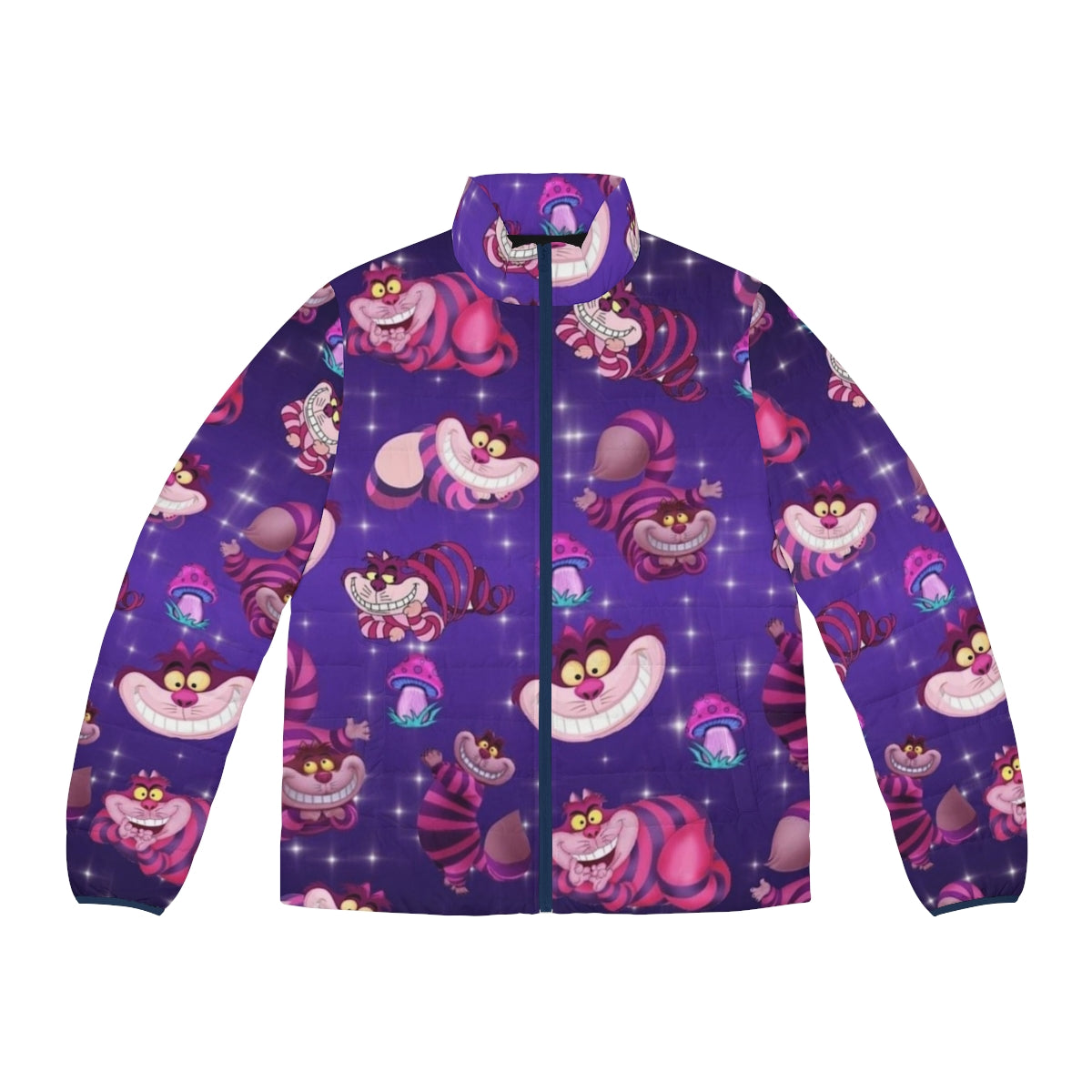 A purple puffer jacket with mushroom and cheshire cat designs, perfect for the autumn season.