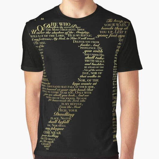 Psalm 91 black and gold graphic t-shirt with bible verse typography