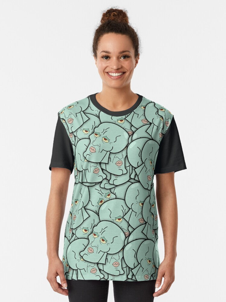 A graphic t-shirt featuring a handsome man design and Squidward Tentacles from Spongebob Squarepants. - Women