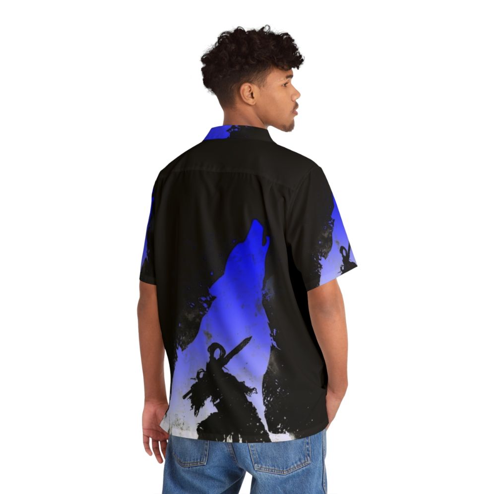 Dark Souls inspired blue and white Hawaiian shirt with The Walker Of Abyss design - People Back