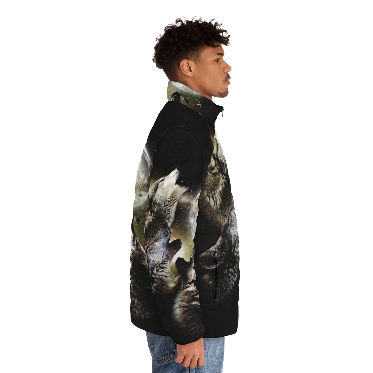 Three wolves howling at the full moon puffer jacket design - men side right