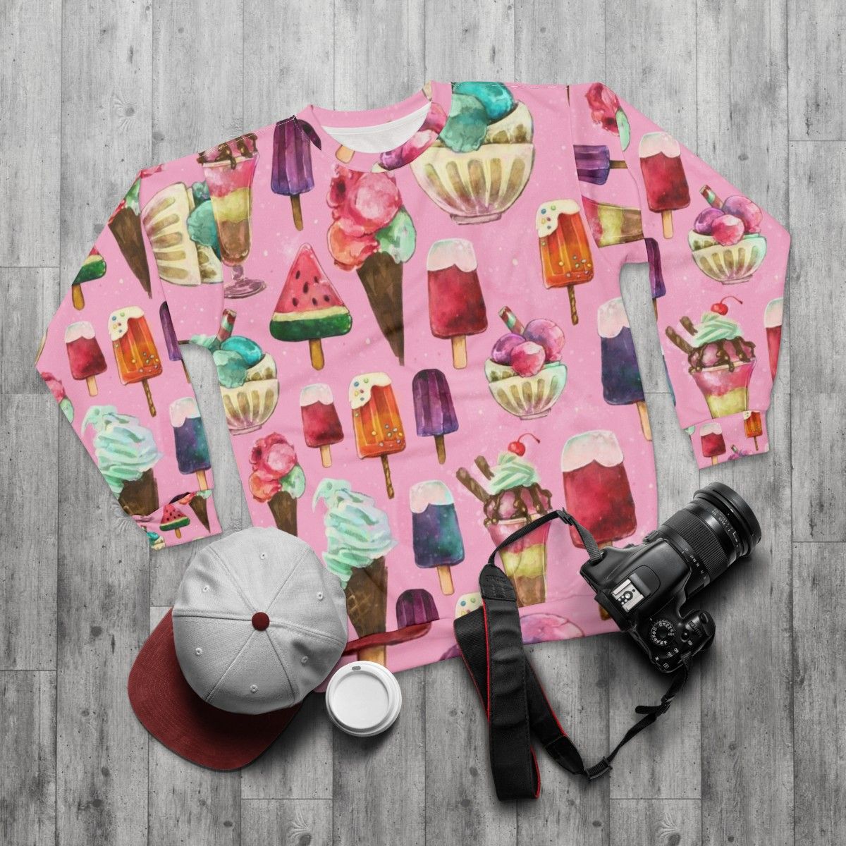 Woman wearing ice cream pattern sweatshirt - flat lay