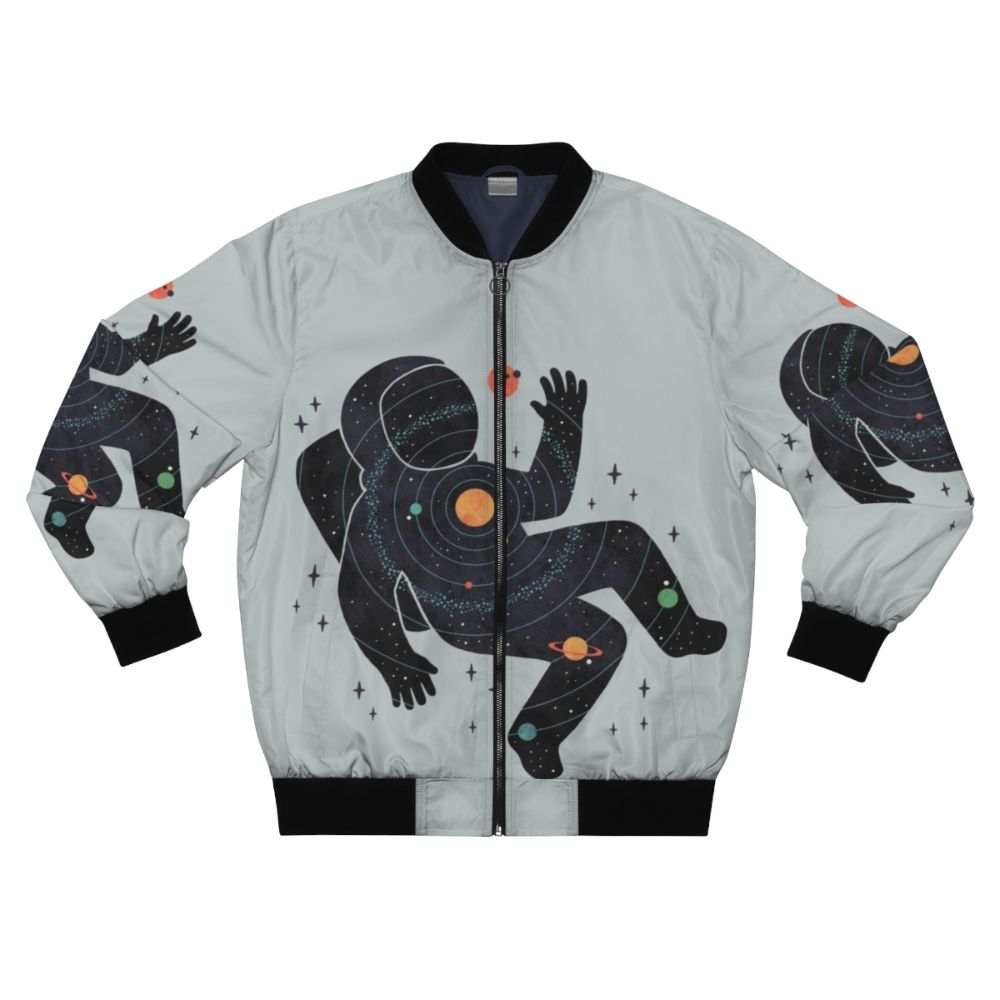 A minimalist bomber jacket featuring a space-inspired design with planets, stars, and cosmic elements.