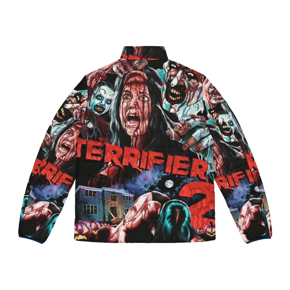 Terrifier 2 Art the Clown Puffer Jacket featuring the iconic horror movie character - Back