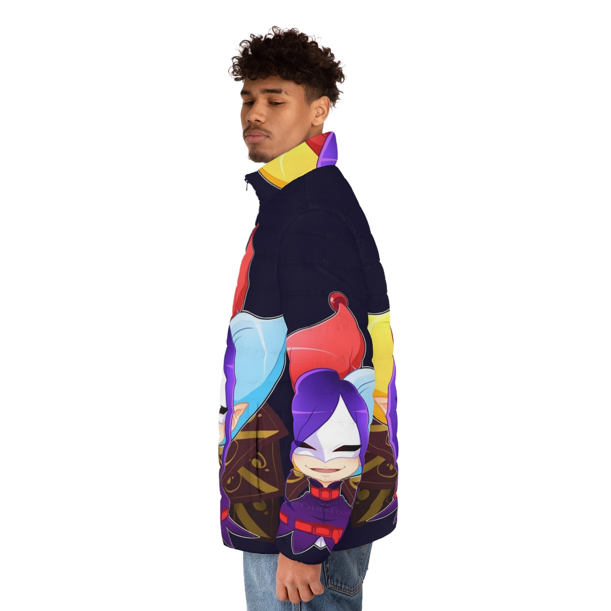 Anime-inspired puffer jacket featuring the Joker Rascal character - men side left