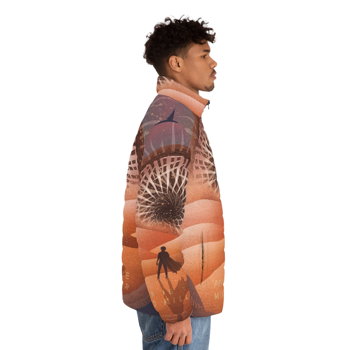 Dune The Fear Is The Mind Killer Puffer Jacket featuring a sandworm design - men side right