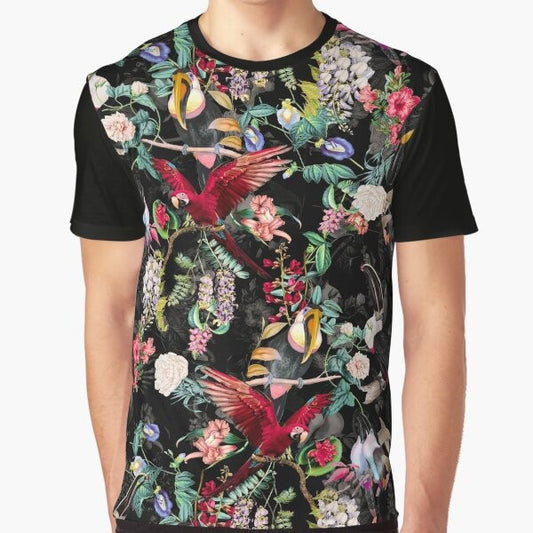 Colorful floral and bird pattern graphic t-shirt