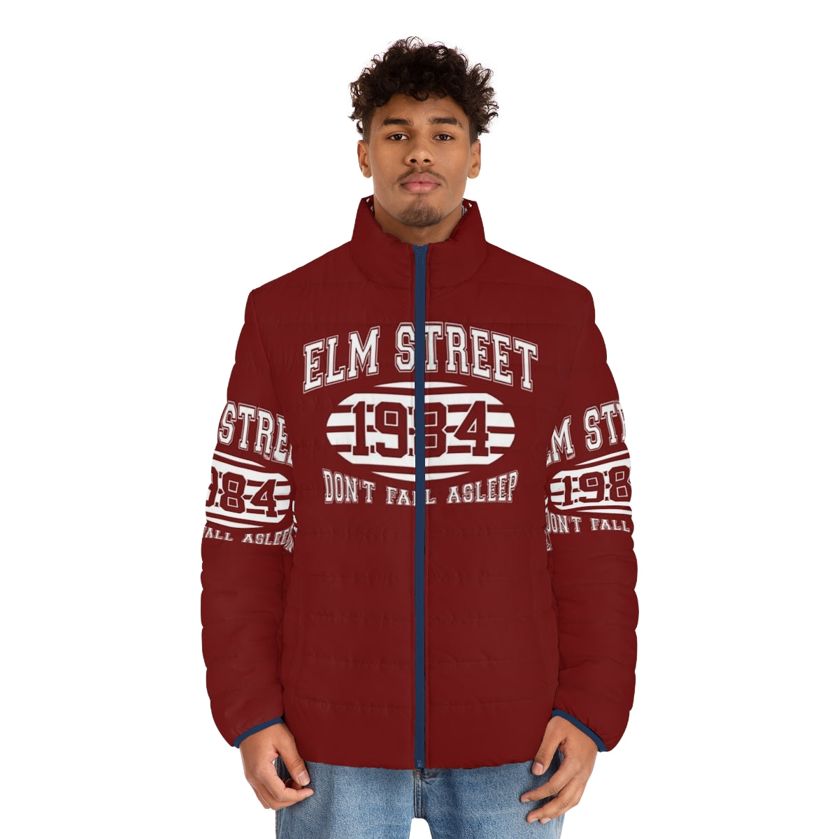 Elm Street College Puffer Jacket featuring Freddy Krueger design - men front