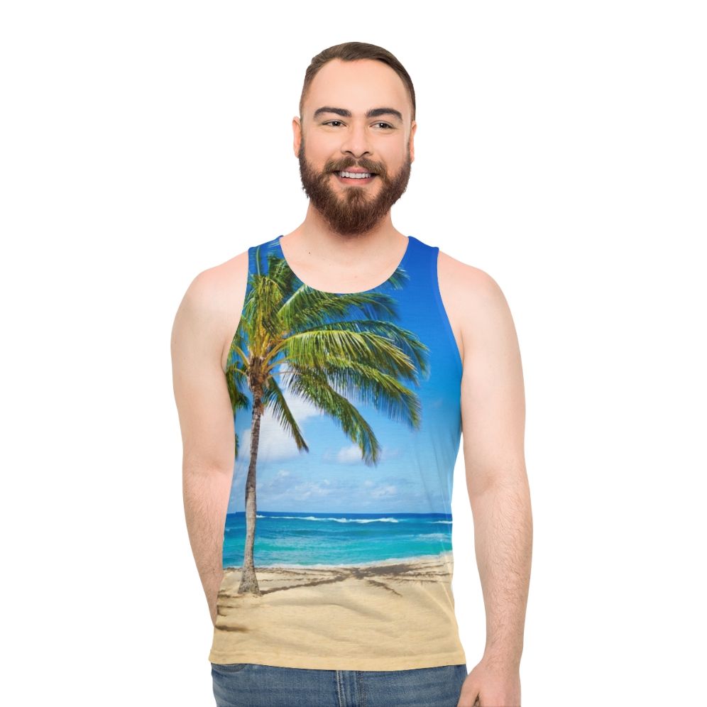 Unisex tank top with palm trees on a sandy beach in Hawaii - men