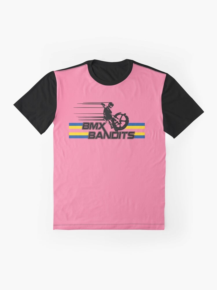 Vintage BMX Bandits graphic t-shirt design featuring retro motorcycle and bike elements - Flat lay