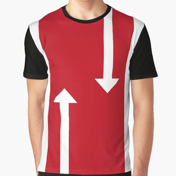 Stylish 60s mod-inspired t-shirt featuring Mondrian-style graphic arrows design in black and white.