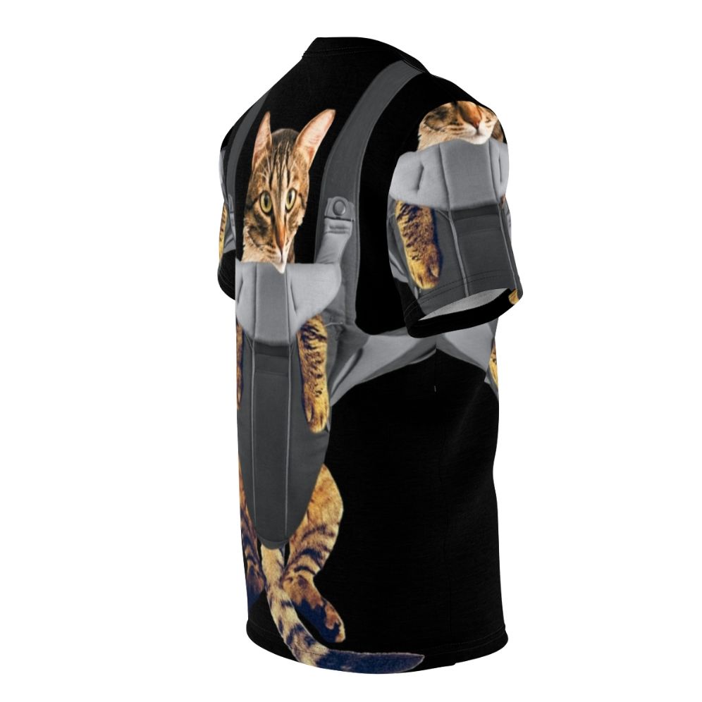 Mockup image of a t-shirt with a cute tabby cat sitting in a baby carrier - men right