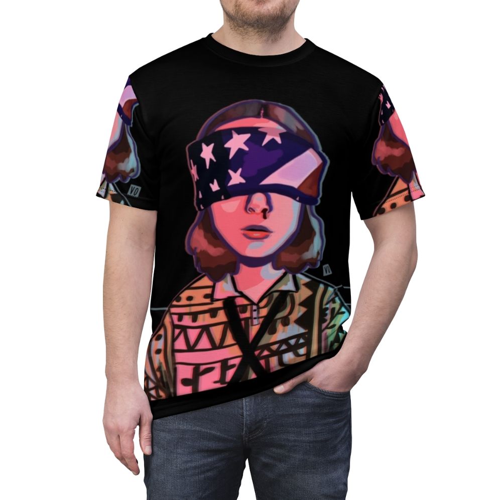 Patriotic Eleven Stranger Things Inspired T-Shirt featuring the number 11 with an American flag background - men front