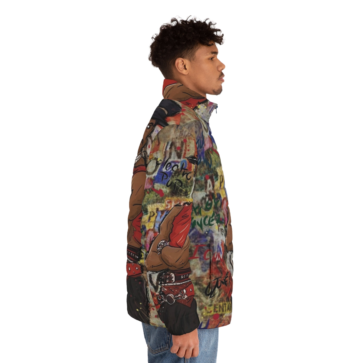 Shabba Doo inspired street dancer puffer jacket with graffiti and cartoon art - men side right