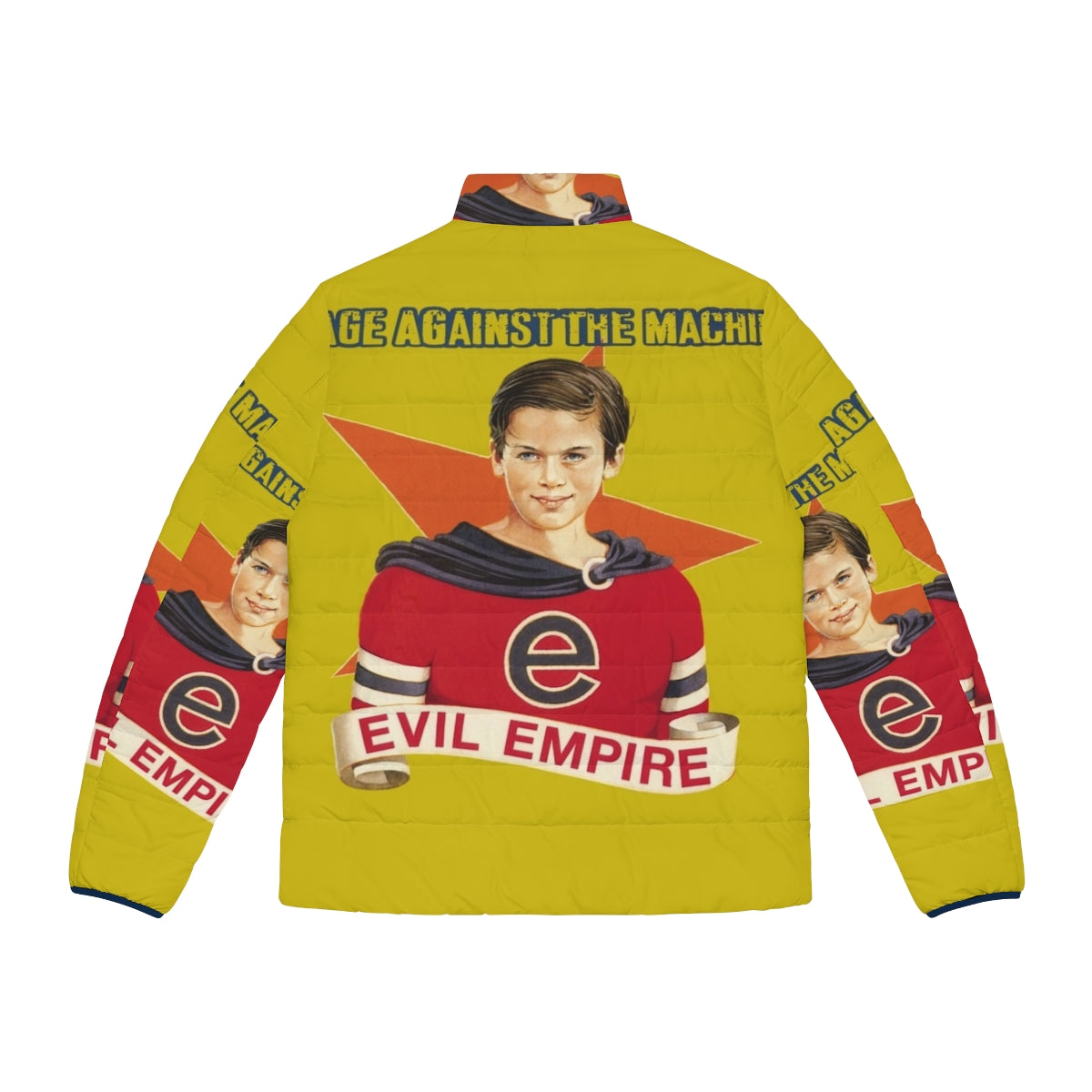 Rage Against the Machine inspired puffer jacket with the Evil Empire album cover design - Back