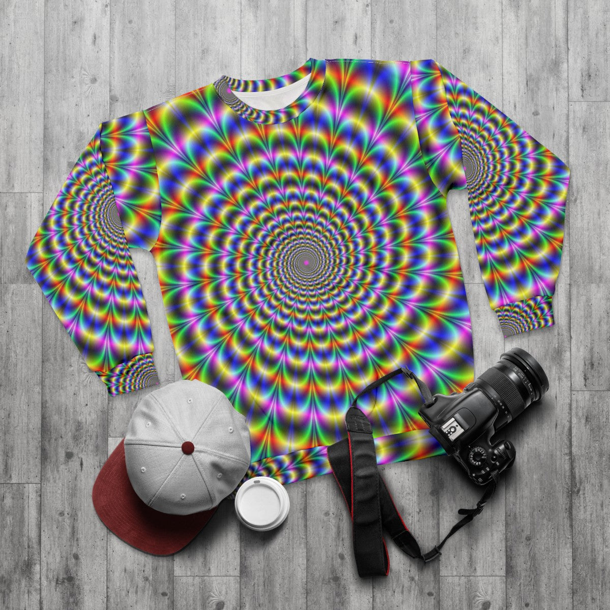 Psychedelic swirl pattern sweatshirt with vibrant, trippy graphics - flat lay