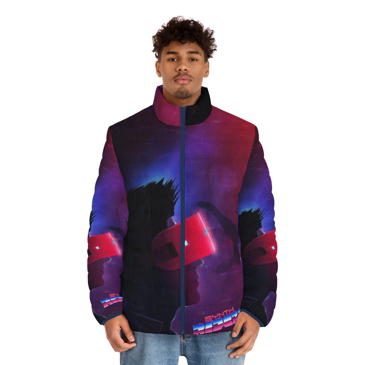 Synth Riders VR puffer jacket featuring a vibrant, futuristic design - men front