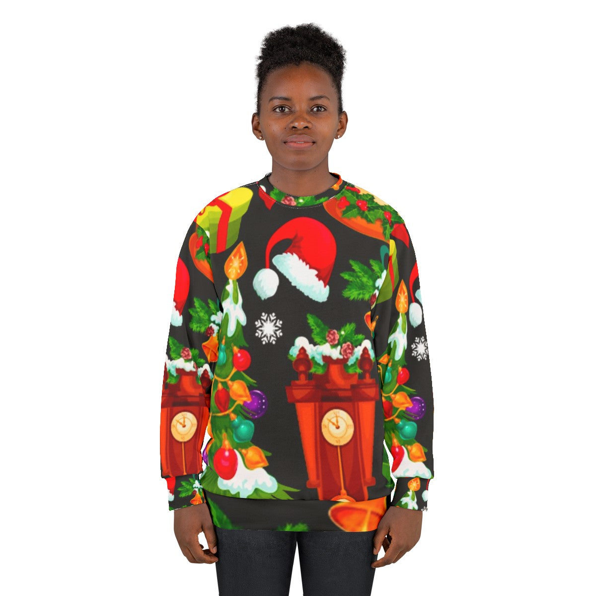 Cozy Christmas pattern sweatshirt with Santa, reindeer, and holiday designs - women