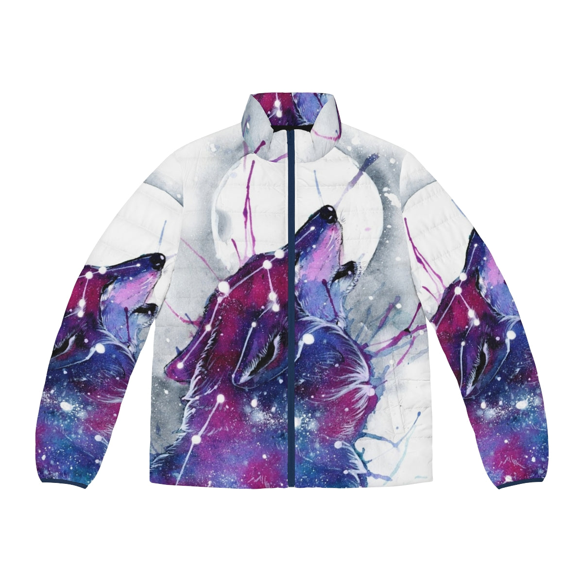 A galaxy-inspired puffer jacket with a wolf design, perfect for cosmic and celestial adventures.