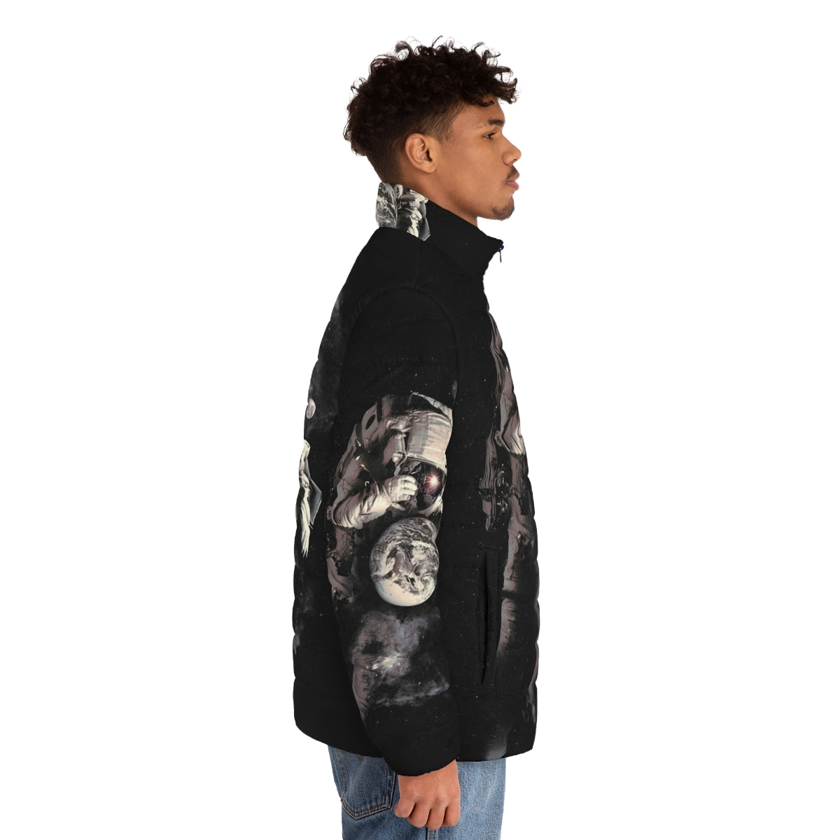 Puffer jacket with cosmic, galaxy, and space-themed design - men side right