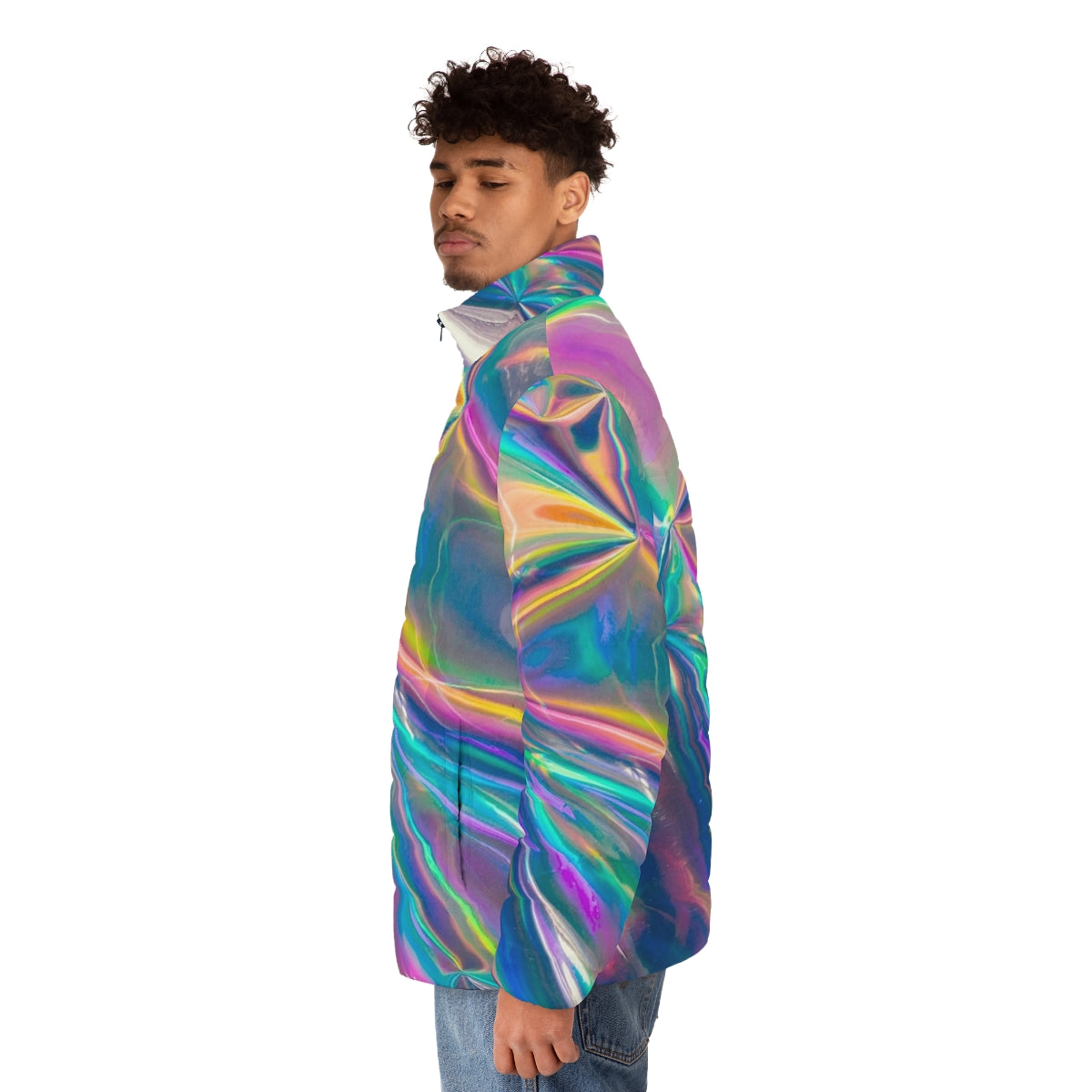 Holographic puffer jacket in vibrant rainbow colors - men side left