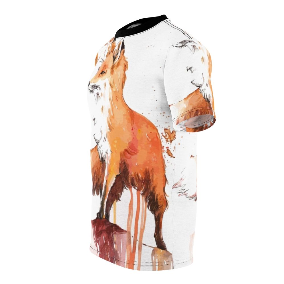 Artfully designed fox t-shirt featuring a vibrant, realistic fox illustration in an autumnal nature setting - men left