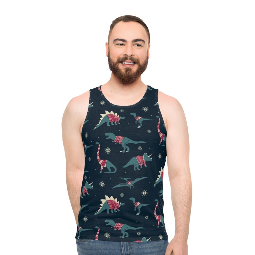 Unisex Dinos In Sweaters Tank Top featuring a graphic of dinosaurs wearing festive sweaters - men