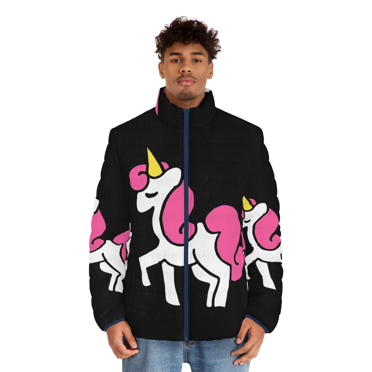 A close-up image of a cute pink unicorn puffer jacket with a whimsical design. - men front