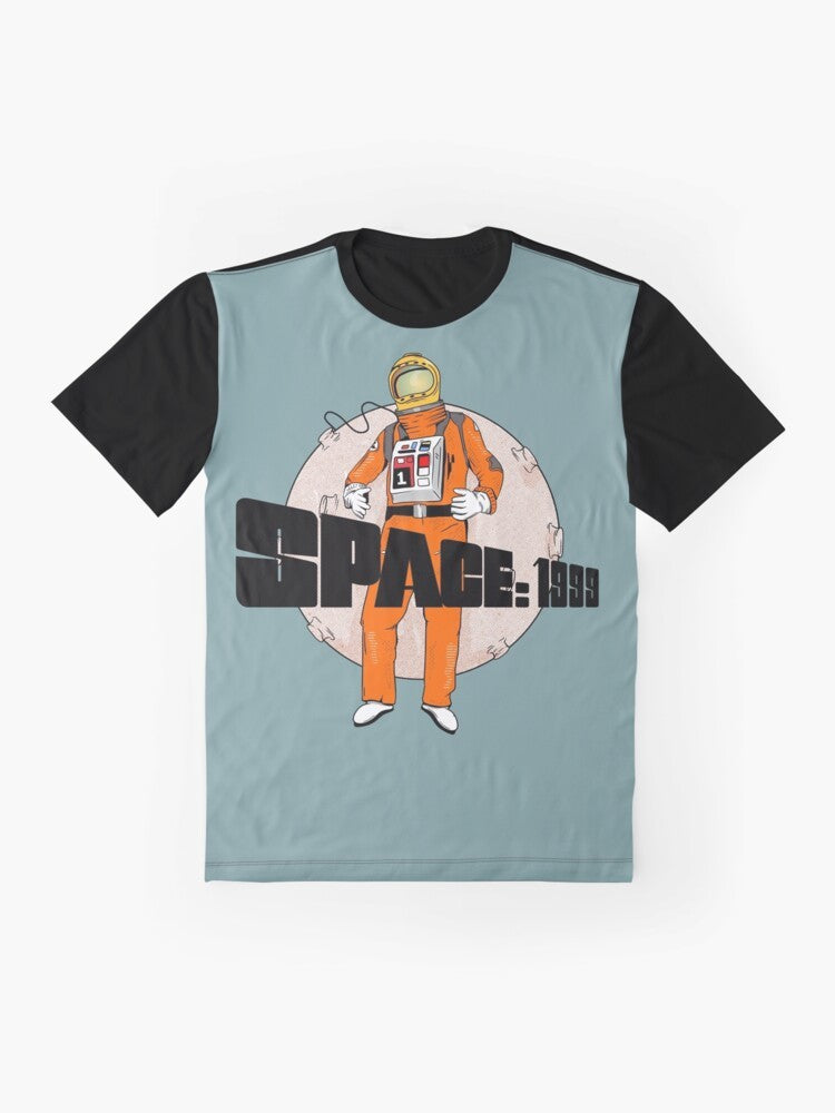 Space 1999 Astronaut Graphic T-Shirt featuring an astronaut in a space suit against a backdrop of planets and the moon - Flat lay