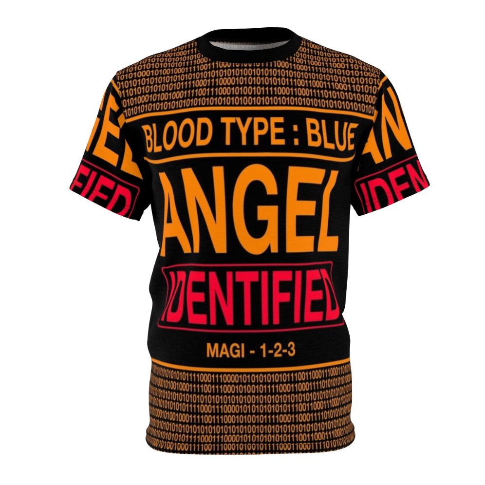 Evangelion-inspired t-shirt featuring an "Angel Identified" design in blue tones.