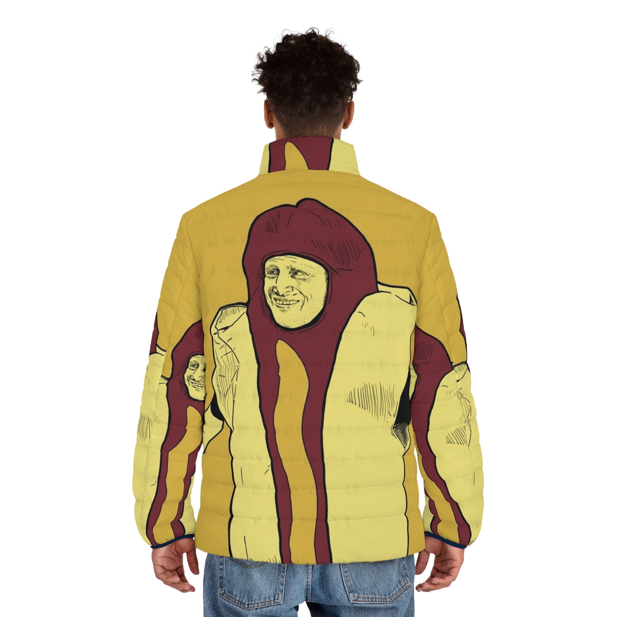 Hot dog car crash puffer jacket inspired by the hit comedy show I Think You Should Leave - men back