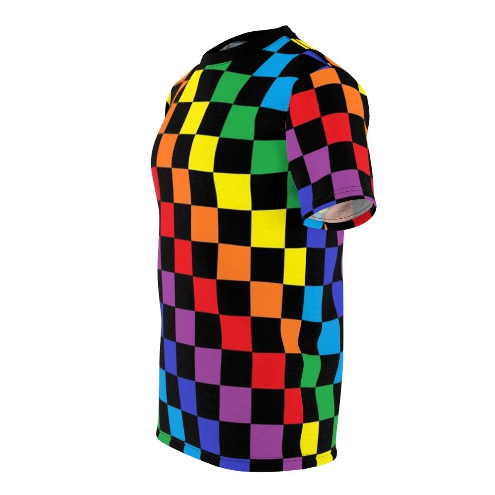 Colorful checkered rainbow pattern design on a black t-shirt - men left