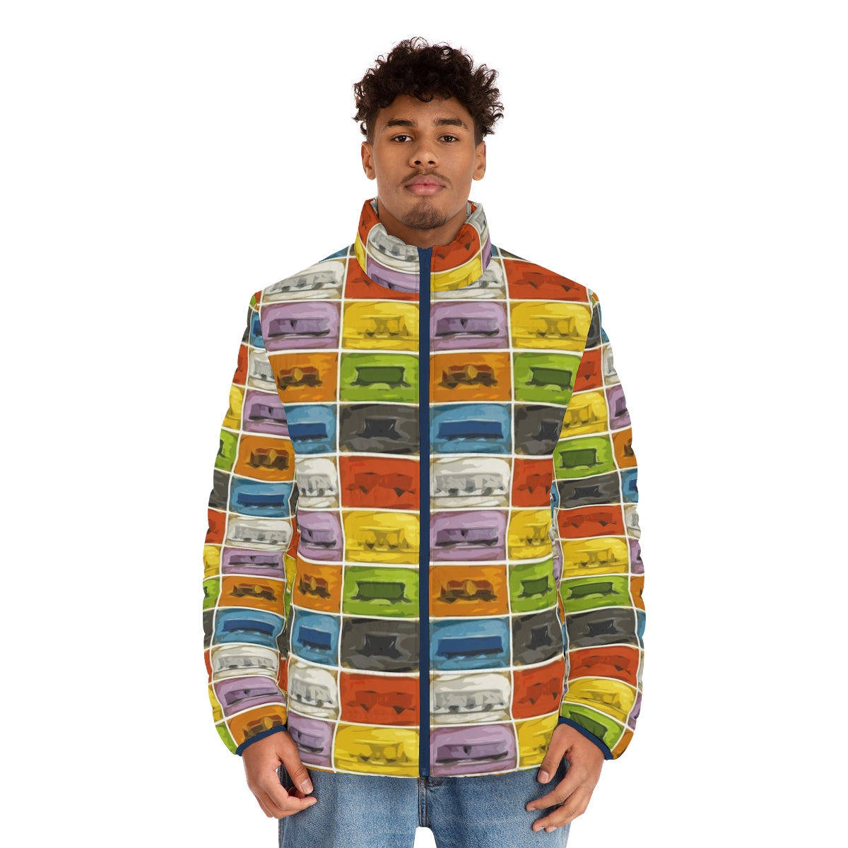 Puffer jacket with Ticket to Ride the Trains design, perfect for retro game enthusiasts - men front