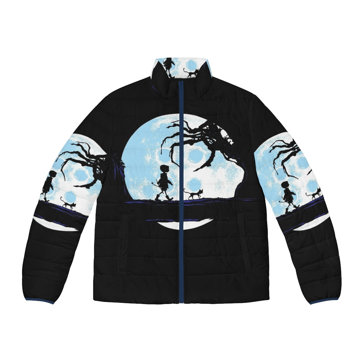 A stylish puffer jacket with a moon and astronaut design, perfect for space enthusiasts