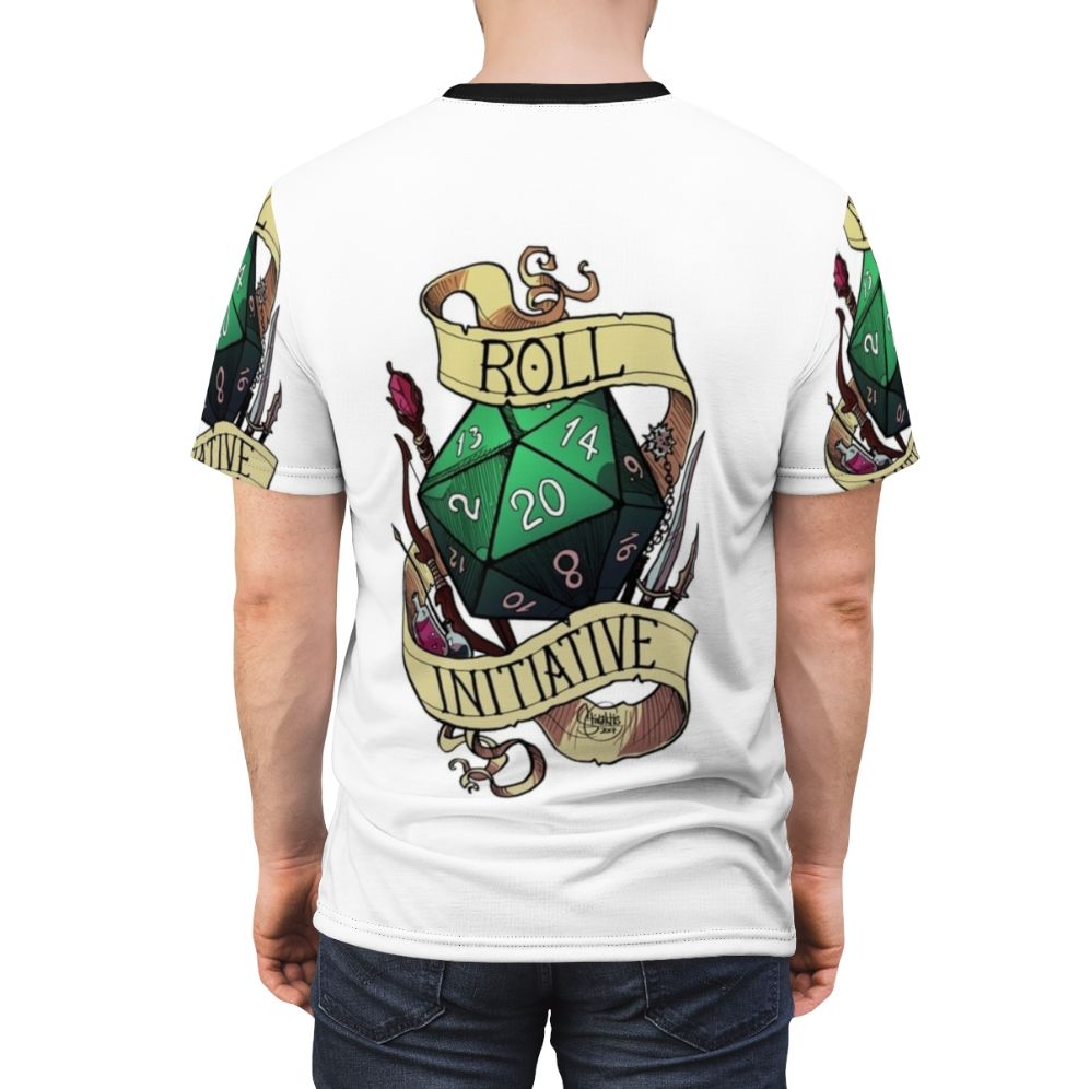 A t-shirt featuring a dice roll graphic, perfect for fans of Dungeons and Dragons and other tabletop roleplaying games. - men back