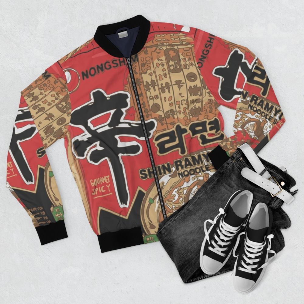 Nongshim Ramyun Bomber Jacket featuring a graphic design of the popular Korean ramen brand - Flat lay