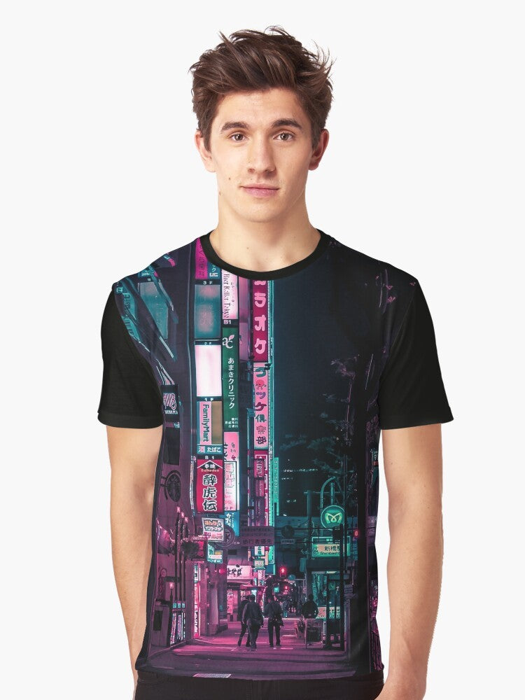 Futuristic graphic t-shirt featuring a cyberpunk inspired design with neon lights, alleys, and cityscapes from Japan. - Men